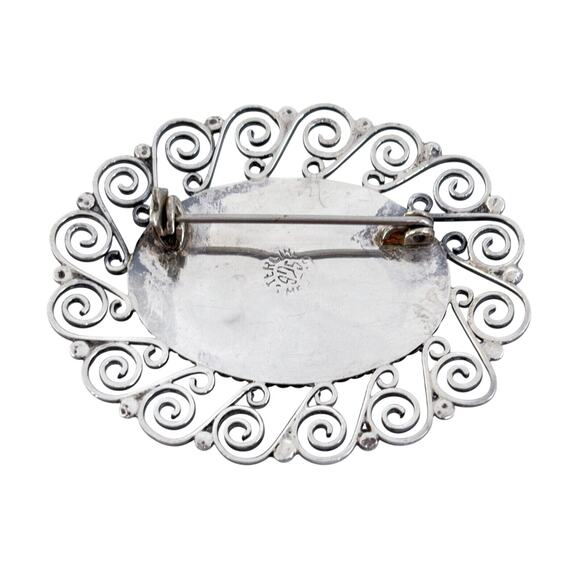 Green Onyx Filigree Brooch Pin | Vintage Sterling Silver 925 - Picture 3 of 7